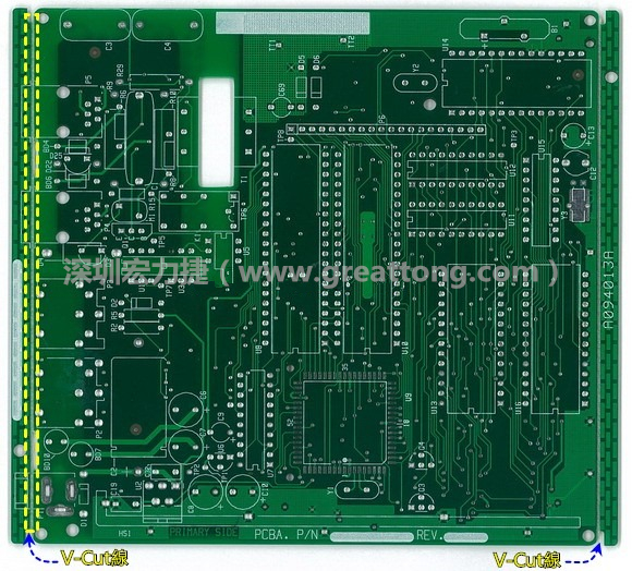 所謂【V-cut】是印刷電路板(PCB)廠商依據客戶的圖紙要求，事先在PCB的特定位置用轉盤刀具切割好的一條條分割線，其目的是為了方便后續(xù)SMT電路板組裝完成后的「分板(De-panel)」之用，因為其切割后的外型看起來就像個英文的【V】字型，因此得名。